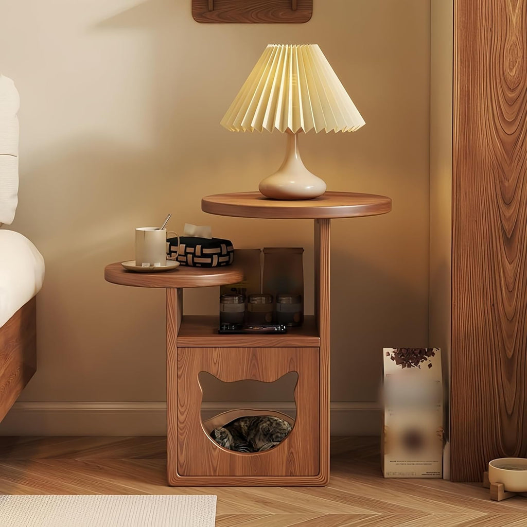 Cat Tree and End Tables, Cat Nightstand, Wooden Round Side Table wiht Cats Houses, Small Bedside Table with 3-Tier Storage Shelves, Modern Cats Furniture for Living Room Bedroom(Brown)
