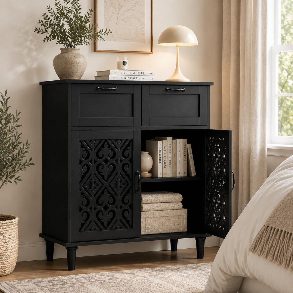 Sideboard Cabinet with 2 Doors & 2 Drawers - Adjustable Storage Console Table for Living Room, Bathroom - Modern Farmhouse Storage Cabinet with Black Handles
