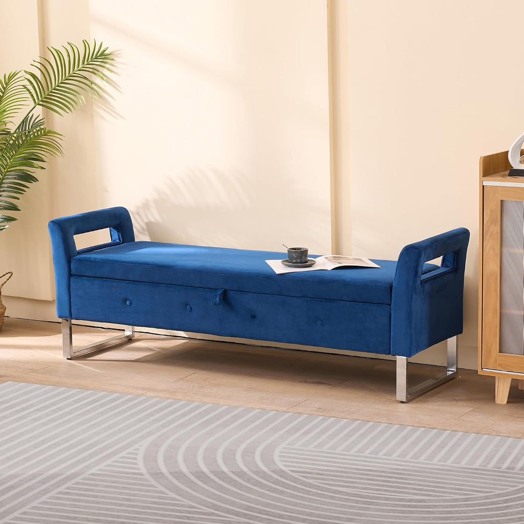 GDFStudio Velvet Storage Bench with Hidden Compartment - Upholstered Ottoman for Entryway, Bedroom, Living Room - Soft Foam Cushion, Sturdy Silver Metal Legs, Easy Assembly - Navy Storage Seat