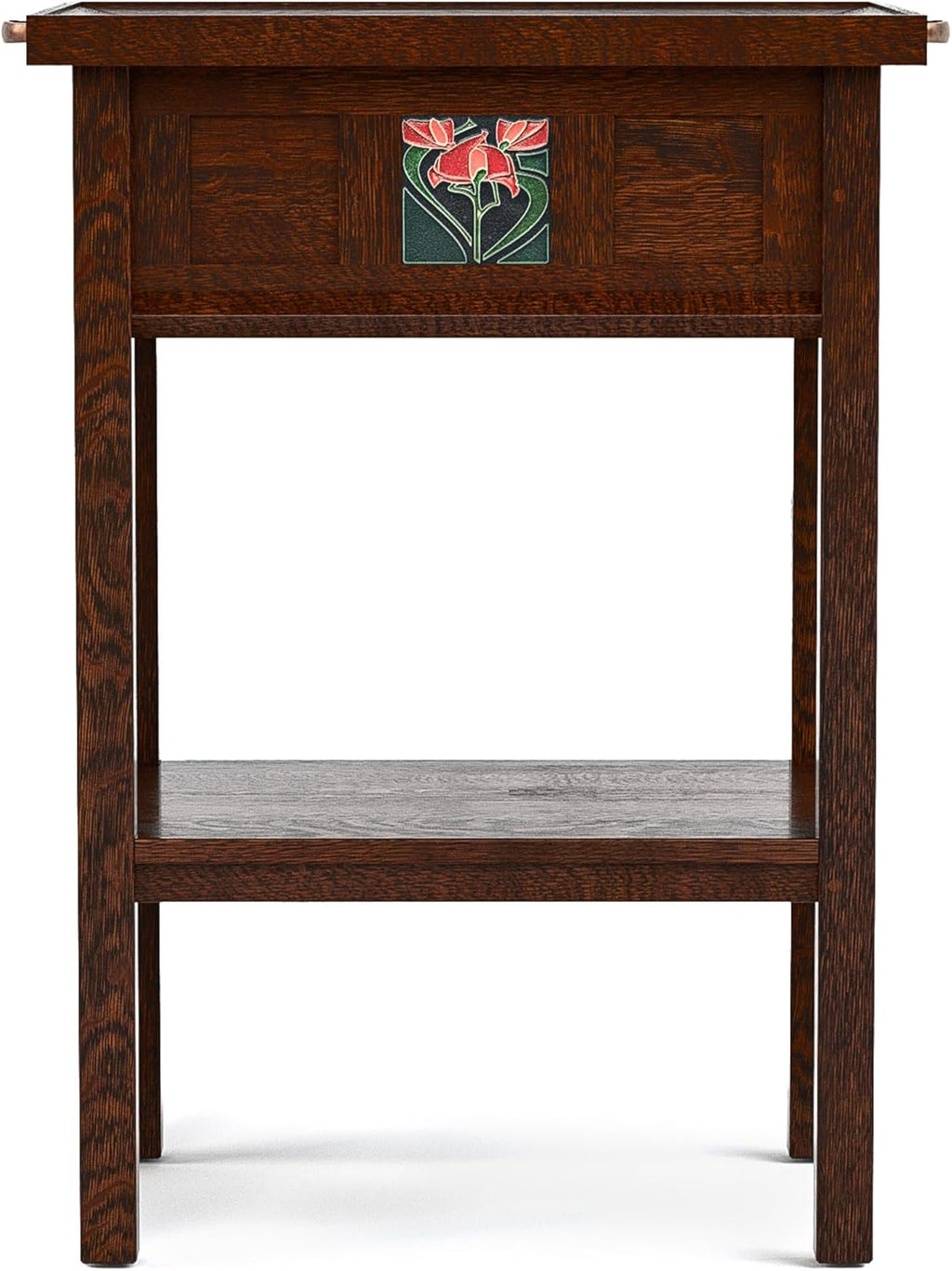 Stickley 125th Anniversary Floral Tile Tray Table, End Table, Solid Oak, Centennial Finish, Mission Style, Removable Ceramic Art Tile, Tray Top, 22.5in W x 16.5in D x 30in H, Made in USA