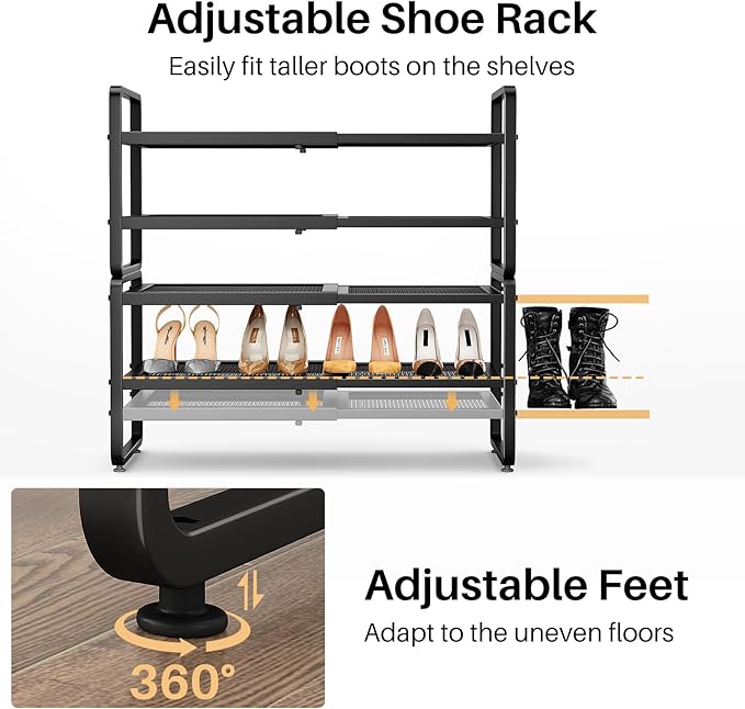 Shoe Rack - Expandable Shoe Organizer for Closet, Adjustable Metal Shoe Shelf Storage, 4 Tier Stackable Long Shoe Stand Holder for Garage, Entryway, Door Entrance, Black