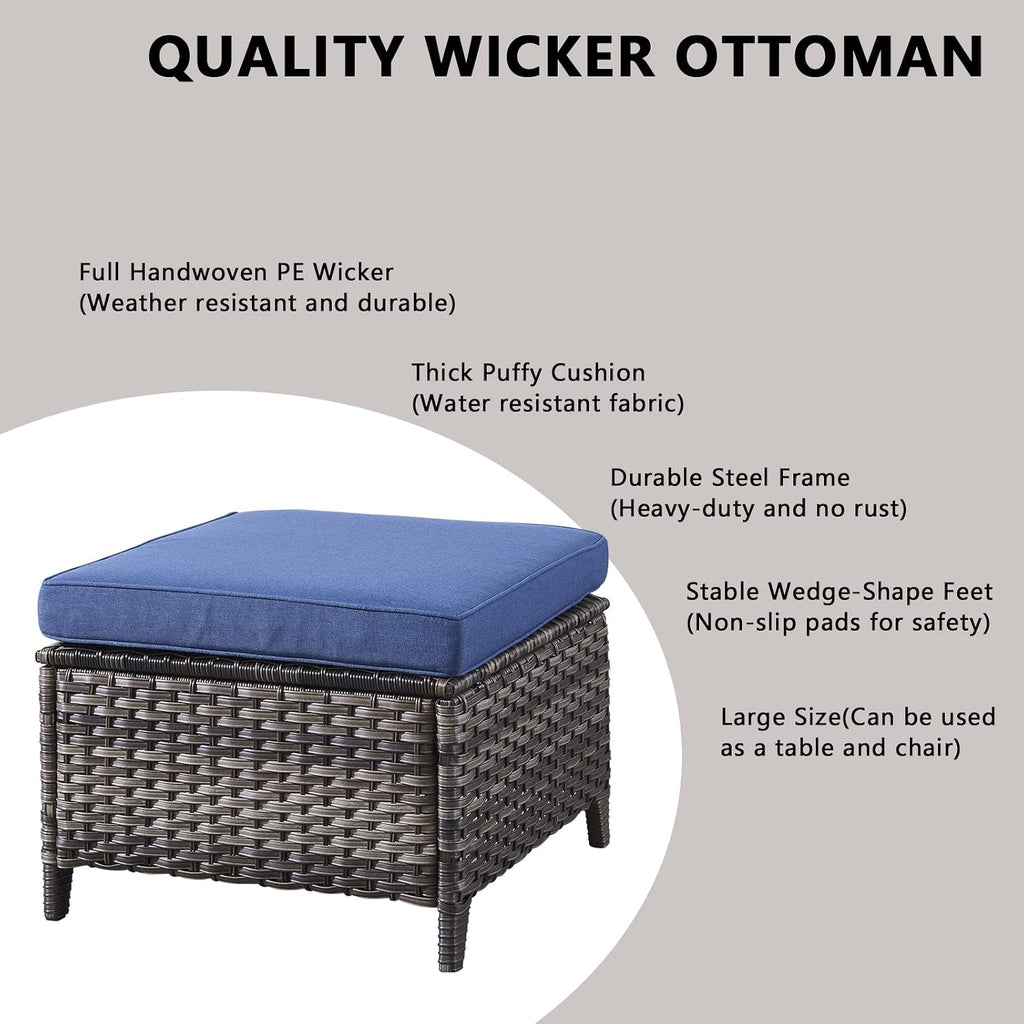 Outdoor Ottomans Patio Foot Rest - 2 Piece Wicker Rattan Ottoman Footrests Footstools with Comfortable Cushions for Patio Porch Deck Balcony Garden(Mixed Grey Wicker/Blue Cushion)