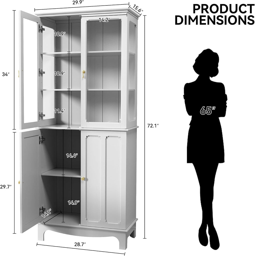 ARTPOWER 72" China Cabinet, Freestanding Kitchen Pantry with Tempered Glass Doors, Tall Sideboard Buffet Hutch with Adjustable Shelves for Dining Room, Living Room, White