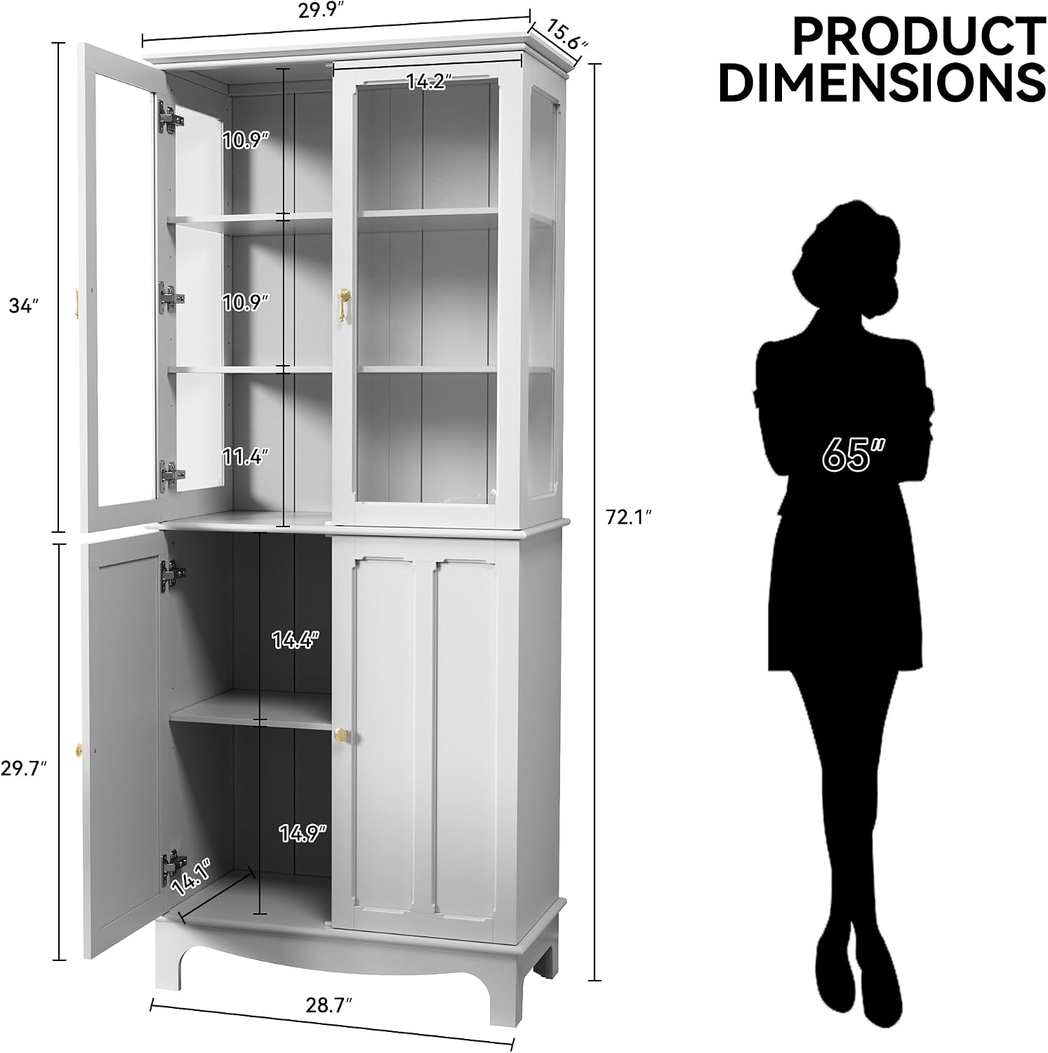 ARTPOWER 72" China Cabinet, Freestanding Kitchen Pantry with Tempered Glass Doors, Tall Sideboard Buffet Hutch with Adjustable Shelves for Dining Room, Living Room, White