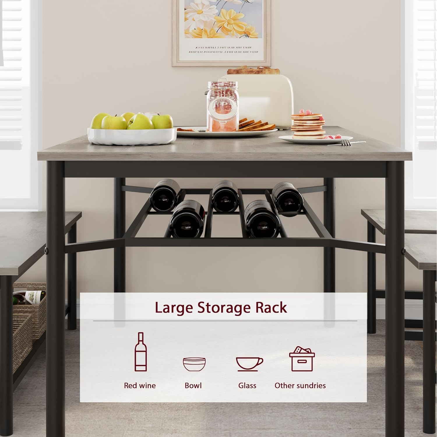 Dining Table Set for 4, Kitchen Table and Chairs for 4 with Wine Rack, Rectangular Dining Room Table Set with Bench, 4 Piece Dining Table Set for Small Space, Apartment, Retro Gray