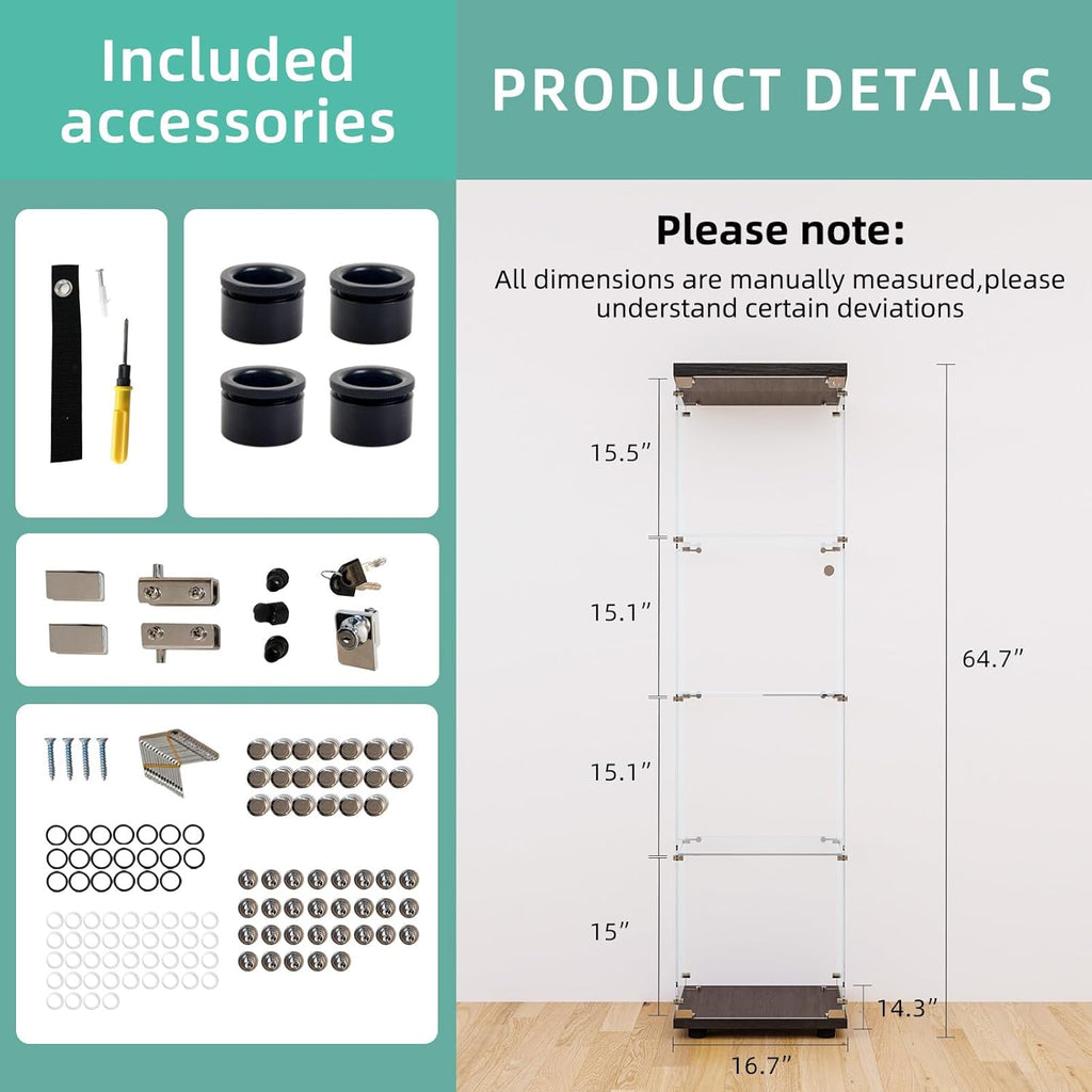 FLYMUHJIA Curio Cabinet Glass Display Case for Collectibles with Door, 4 Display Shelves Showcase, 64.2”Hx16.9''Lx 14.6''W Black