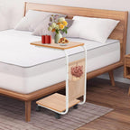 C-Shaped Side Table w/Wheels, C-Shaped Coffee Table, Bedside Side Table, Couch Table, Couch Tray Tables, Small End Table for Small Spaces, Living Room, Bedroom (White, Wood Color)