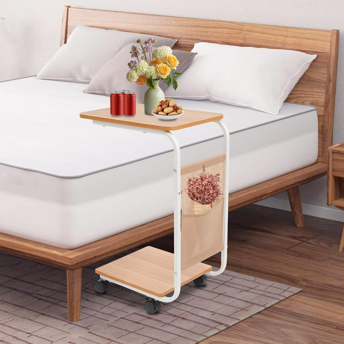 C-Shaped Side Table w/Wheels, C-Shaped Coffee Table, Bedside Side Table, Couch Table, Couch Tray Tables, Small End Table for Small Spaces, Living Room, Bedroom (White, Wood Color)