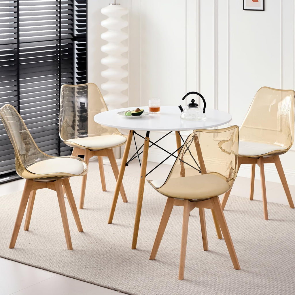 Dining Chairs Set of 4, Acrylic Mid Century Chairs, Light Brown | Clear Acrylic Backrest With Soft Padded Seat, Sturdy Wooden Legs. Ideal For Kitchen And Living Room