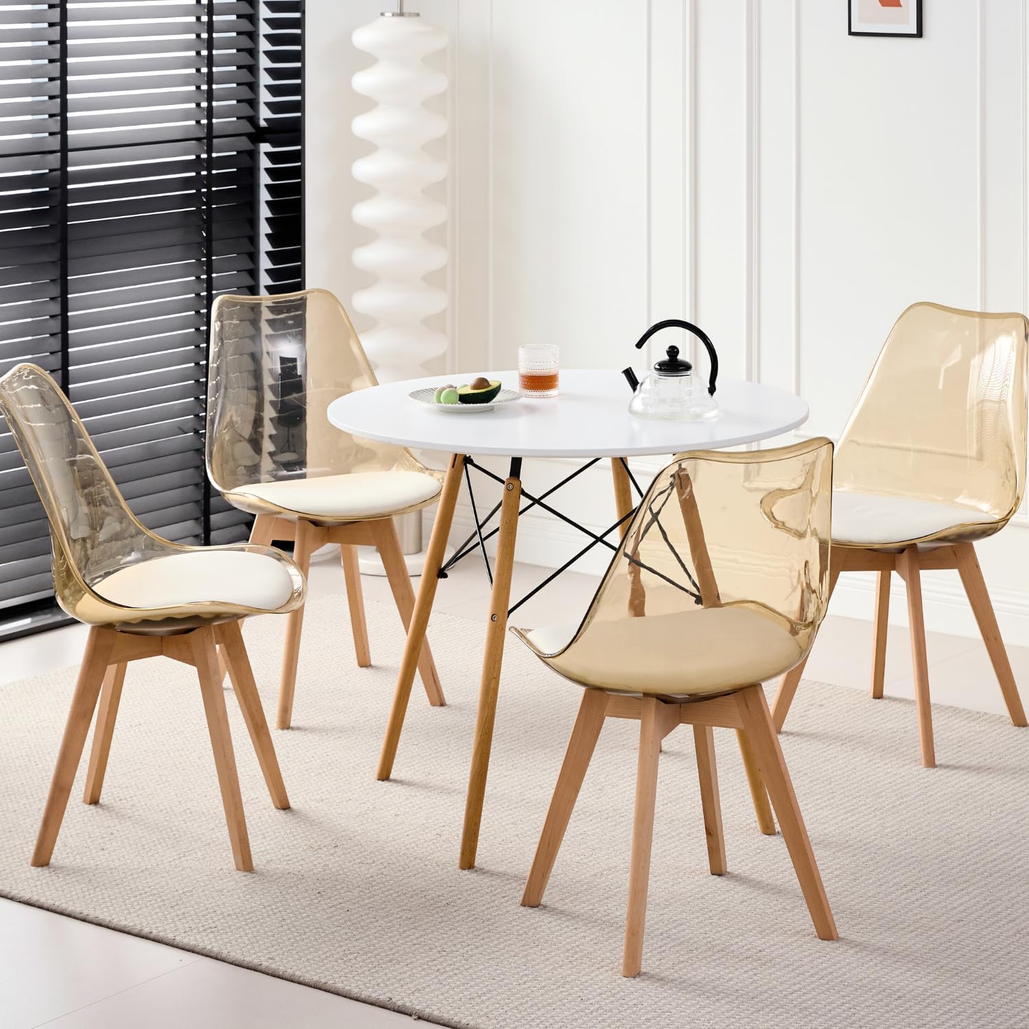 Dining Chairs Set of 4, Acrylic Mid Century Chairs, Light Brown | Clear Acrylic Backrest With Soft Padded Seat, Sturdy Wooden Legs. Ideal For Kitchen And Living Room