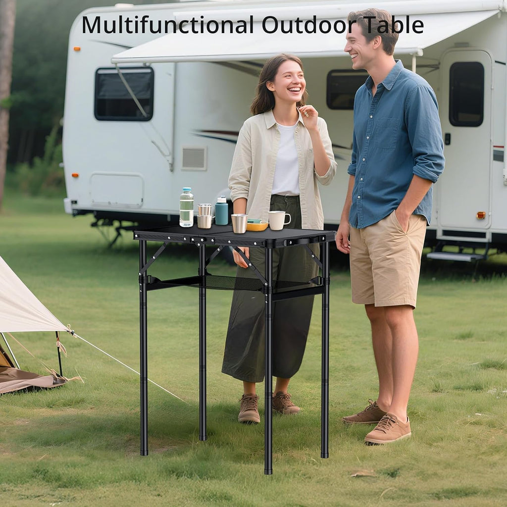 Anbte 2ft Folding Camping Table, 3 Adjustable Height Max 29.5", 23" x 16" | Aluminum Small Folding Table with Storage Net &Portable Handle, Lightweight,for Travel Outdoor Beach Picnic Camping, Black