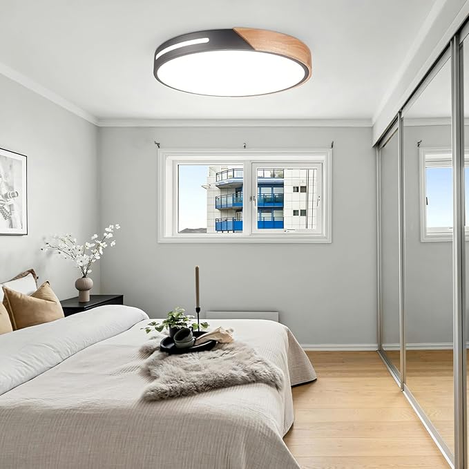 Wood Ceiling Light Flush Mount LED 36W, 16 inch Flush Mount Black, Kitchen Light Fixtures Ceiling Mount, Dimmable Close to Ceiling Light for Bedroom, Living Room, Bathroom