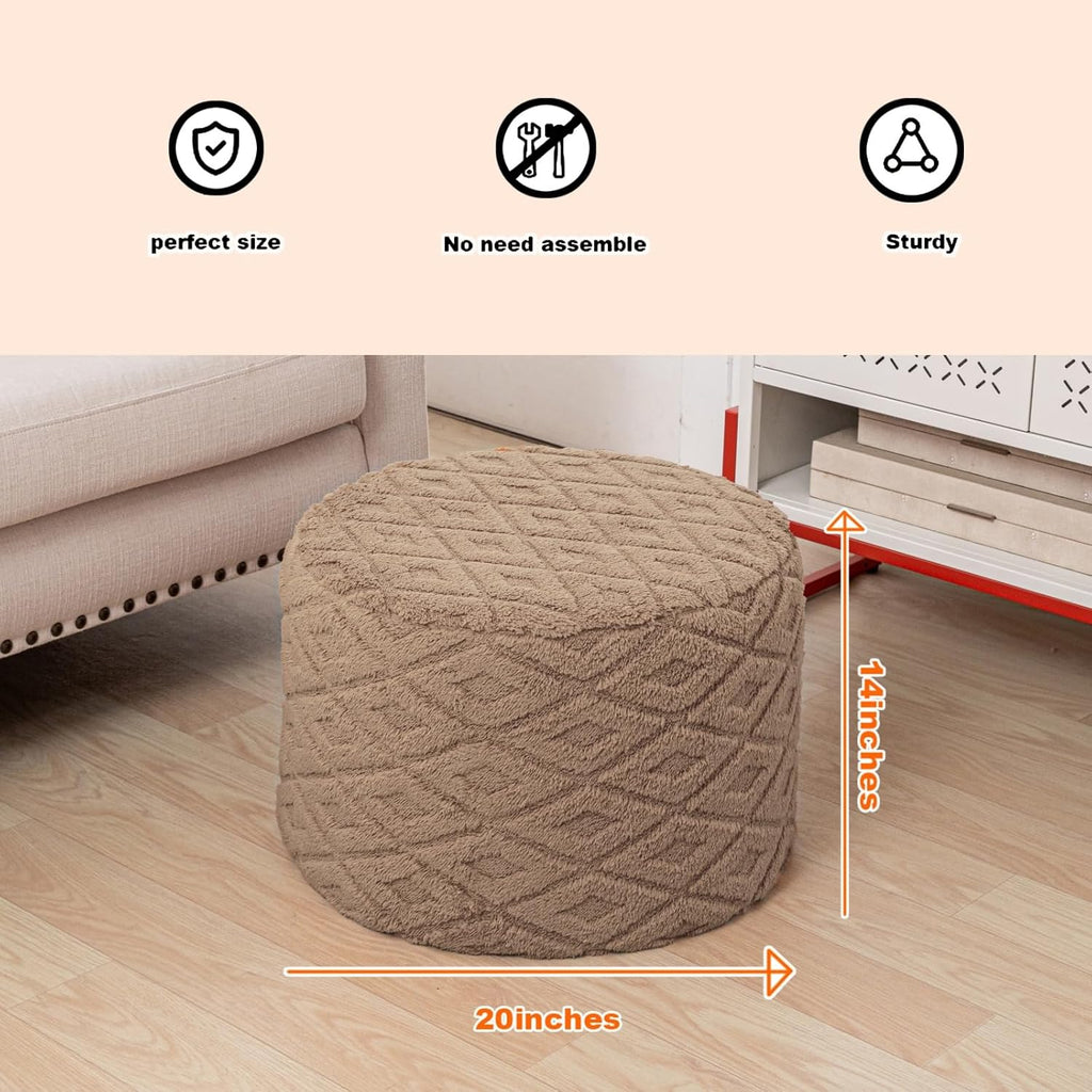 Fluffy Round Ottoman Pouf with All-in-One Foam Filling 20" x 14" Furry Ottoman Foot Rest Foot Stool for Living Room or Bedroom (Light Coffee)