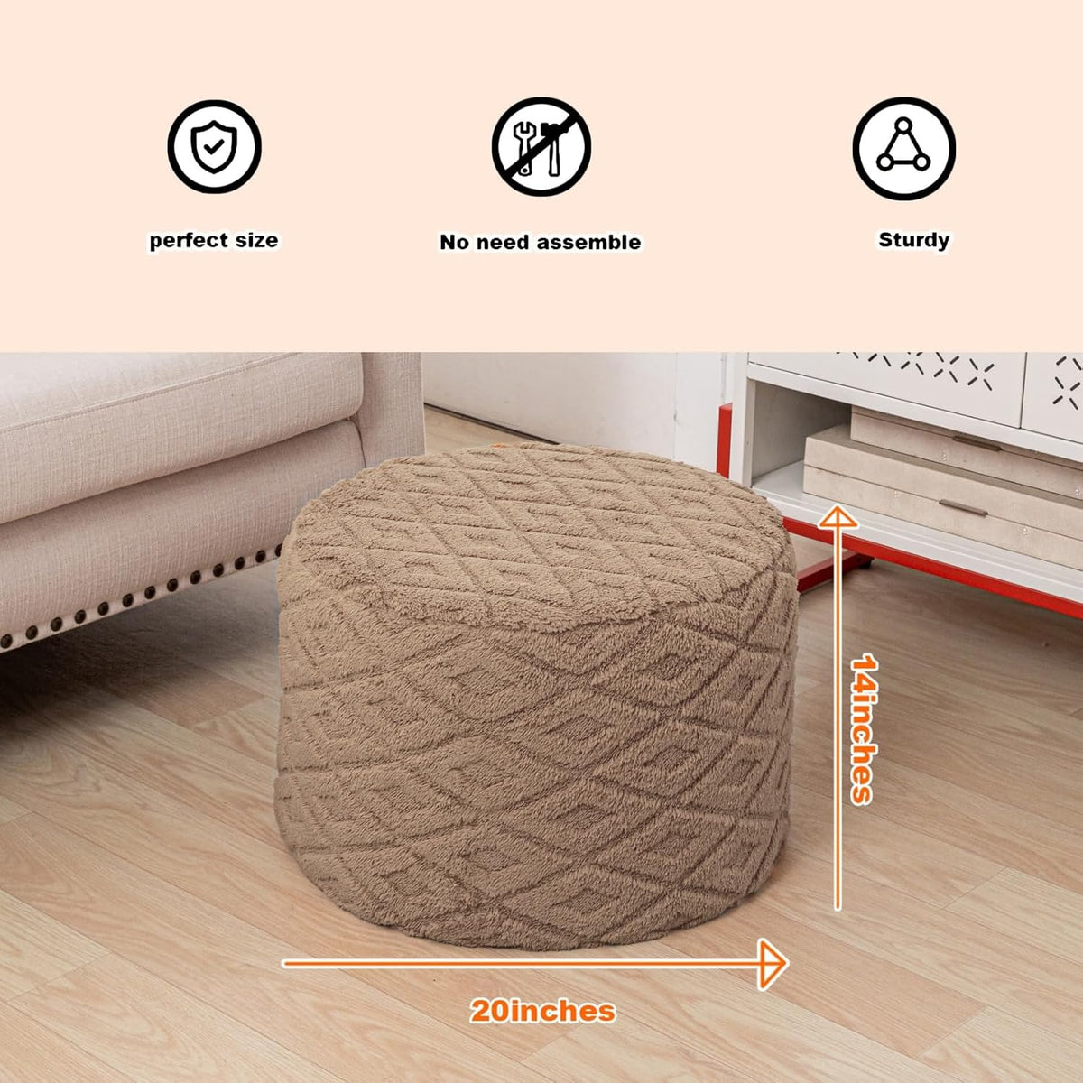Fluffy Round Ottoman Pouf with All-in-One Foam Filling 20" x 14" Furry Ottoman Foot Rest Foot Stool for Living Room or Bedroom (Light Coffee)