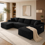 134 Inch Modular Sectional Sleeper Sofa, Cloud Couch for Living Room, U Shaped 5 Seat Sofa with 2 Storage Pockets& 2 Cup Holders, Free Combination, No Assembly Required (Black)