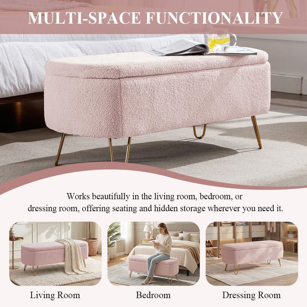 Modern Storage Ottoman Bench, Teddy Upholstered Entryway Bench with Gold Legs, Vintage End of Bed Bench with Safety Hinge, Padded Bench with Storage for Living Room, Bedroom, Entryway (Pink)