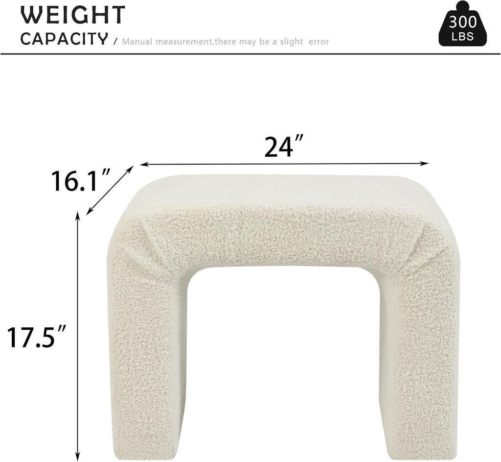 Modern Boucle Ottoman Footstool, 24" Arched Upholstered Vanity Stools for Makeup Room, Small Foot Rest for Entryway, Living Room, Bedroom (Fully Assembled)，White