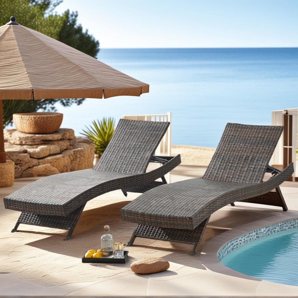 PE Rattan Adjustable Backrest Chaise Lounge Set 2, Outdoor Pool Recliner Patio Chairs Lounge Chair Set 2 for Outside Beach Poolside Sunbathing