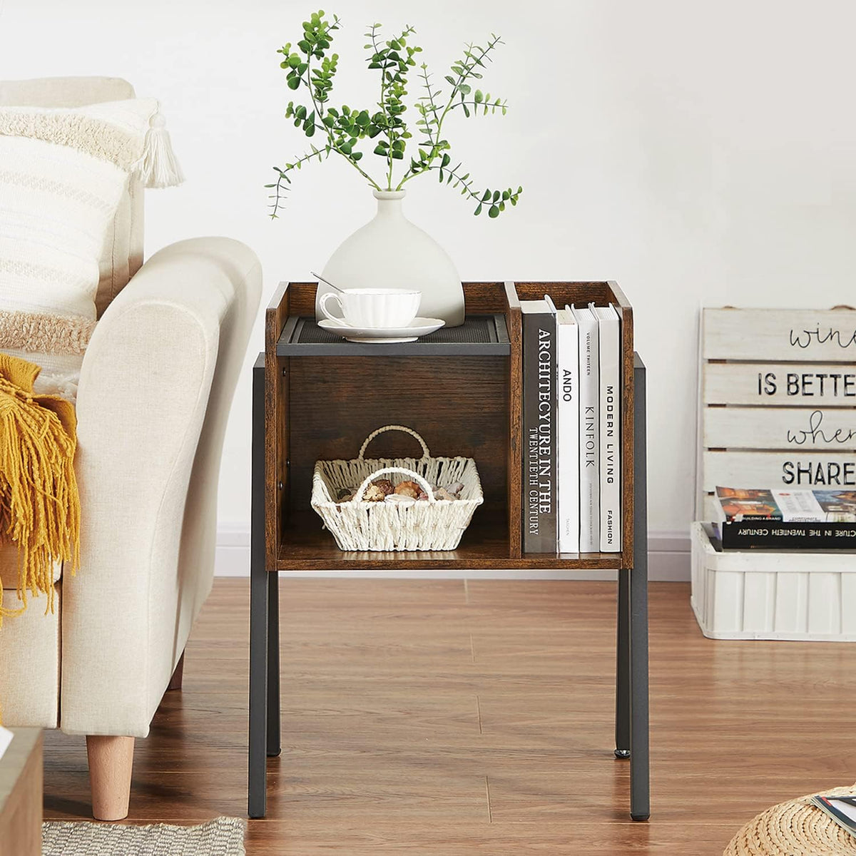 VECELO Nightstand Industrial End Table,Bedside Table with 2-Tier Open Storage Shelves,Wood Side Table with Metal Frame for Bedroom, Living Room,Small Spaces
