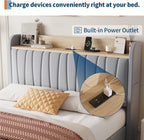 GarveeHome Bed Frame Full with Storage Headboard, Charging Station, Grey