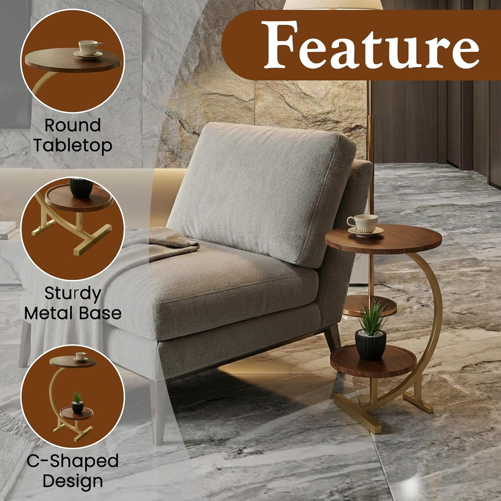 Kings Brand C-Shaped Side Table with 2-Tier Storage Shelf – Modern Round Wood Accent End Table with Gold Metal Frame, Space Saving Snack Laptop Table for Sofa, Couch, Living Room, Bedroom (Brown)