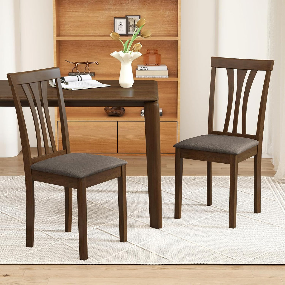 Giantex Wooden Dining Chairs Set of 4, Linen Fabric Upholstered Kitchen Armless Chair w/Rubber Wood Frame, Padded Seat, High Curved Back, Farmhouse Accent Side Chairs for Living Room (Brown+Gray)