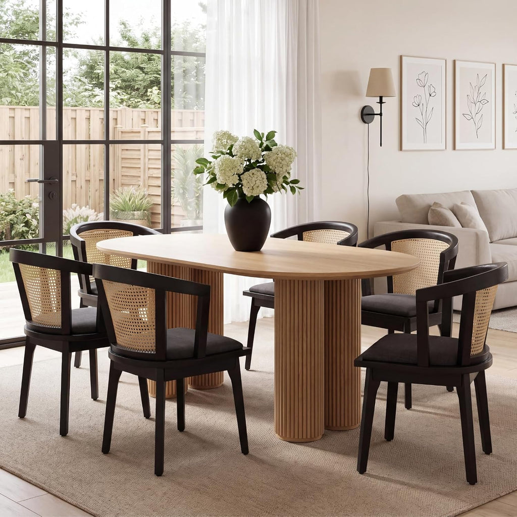 CIMOTA Set of 4 Black Rattan Wood Dining Chairs Mid-Century Modern Upholstered Dining Room Chairs Barrel Cane Back Accent Side Chair for Kitchen/Cafe/Bistro, Linen Charcoal