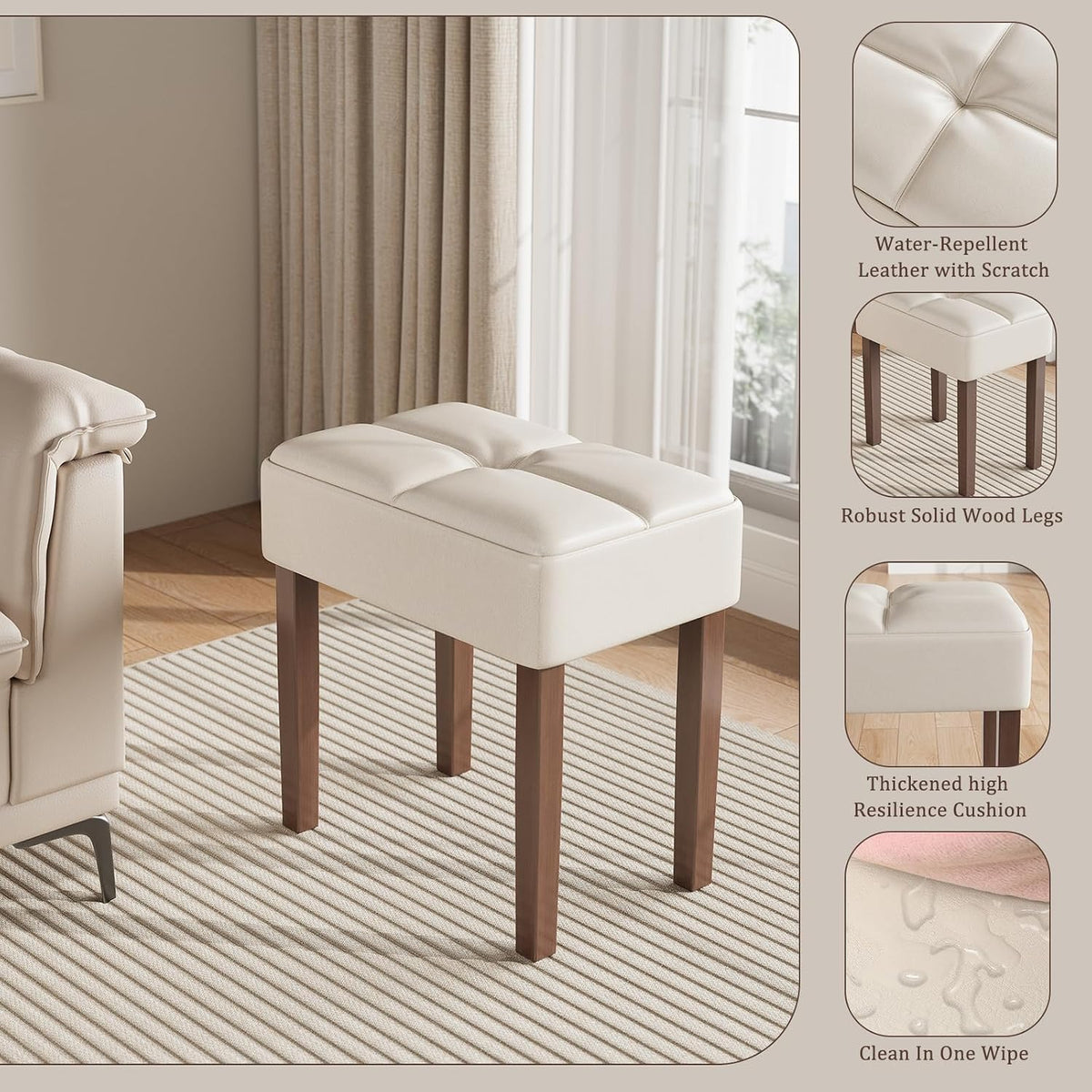 EOSVALO Leather Vanity Stool, 18.7 Inch Wide Rectangle Ottoman Bench for Makeup Room, Vanity Chair with Wood Legs for Piano Room, Bedroom,Living Room with Customizable (Cream)