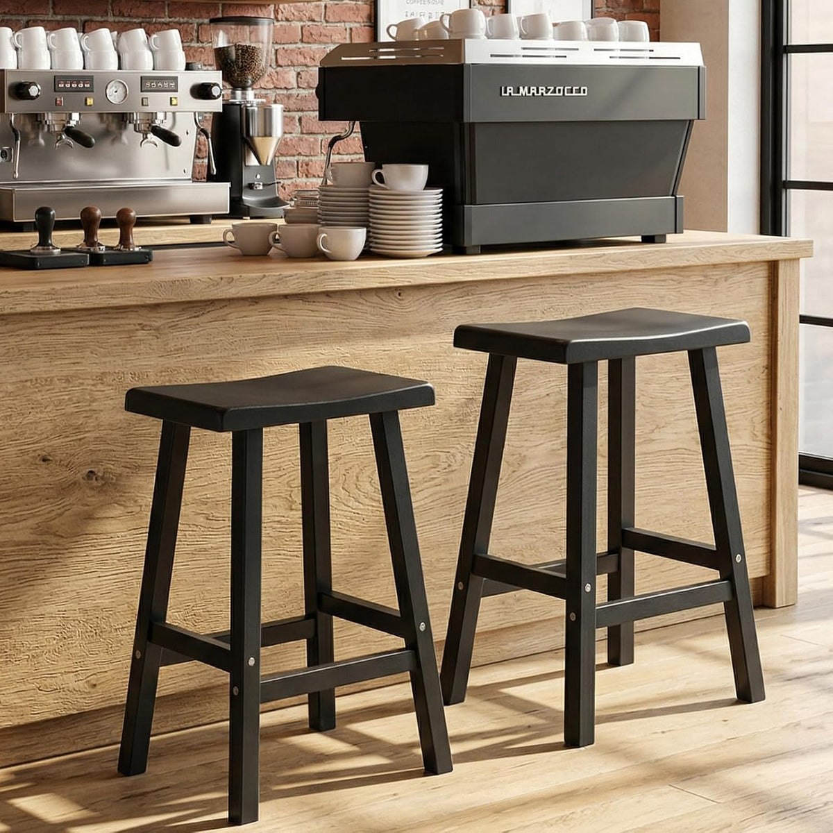 EFU Outdoor Bar Stools Set of 2,All-Weather Patio Stools & Bar Chairs, Heavy Duty Resin Saddle Stool with Protective Foot Pads,Waterproof 29 Inch Stool with Footrest for Deck,Balcony and Yard (Black)
