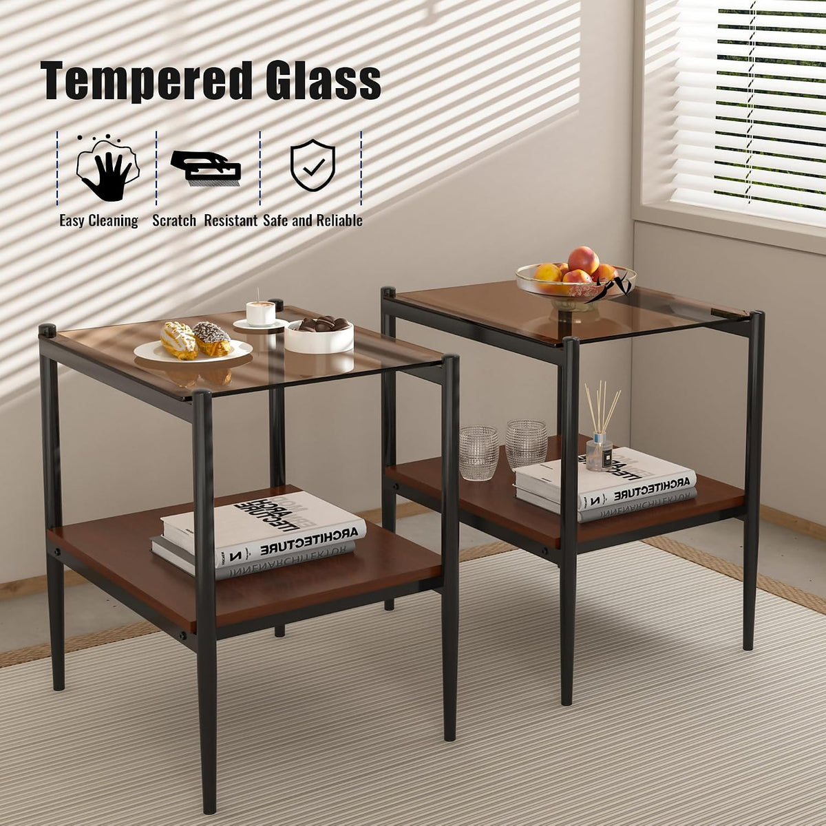 Glass End Table Set of 2, Rectangle Living Room Sofa Side Table, with BrownTempered Glass Tabletop,Black Iron Leg and Brown MDF Layer,for Living Room, Bedroom and Office, Brown