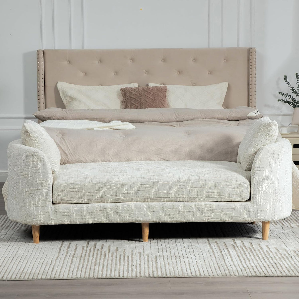 77" End of Bed Bench King Size,Chenille Extra Large Window Bench with 2 Pillows,End of Bed Couch,Upholstered Daybed Bench for Living Room(Beige,Ivory,White)