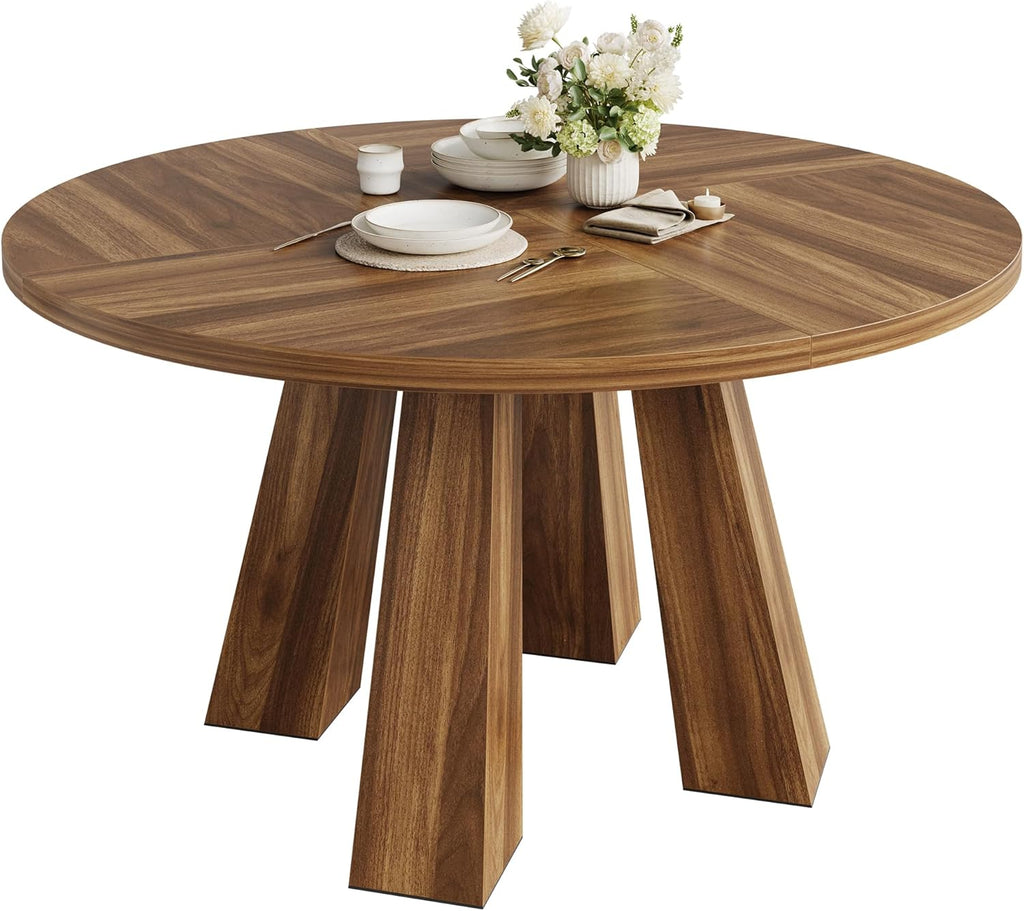 47 Inch Round Farmhouse Dining Table for 4-6, Heavy-Duty 4-Leg Sturdy Wood Kitchen Table, Walnut Circle Dinner Table Ideal for Dining Room & Living Room