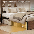 Queen Size Bed Frame with 2 Storage Drawers & Upholstered Headboard, Mid-Century Modern Platform Bed, Tufted Headboard, Metal Slat Support, No Box Spring Needed, Noise-Free, Easy Assembly, Walnut