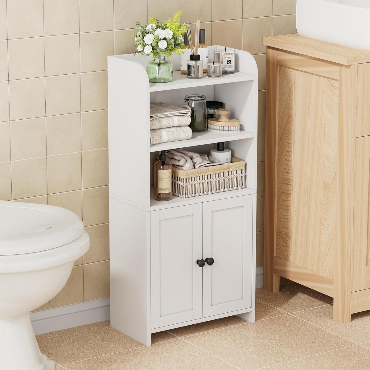 Homhedy Small Bathroom Storage Cabinet, Toilet Paper Storage Cabinet | Bathroom Floor Cabinet with Doors and Shelves, Bathroom Organizers for Small Spaces, 7.9" D x 14.6" W x 31" H, White