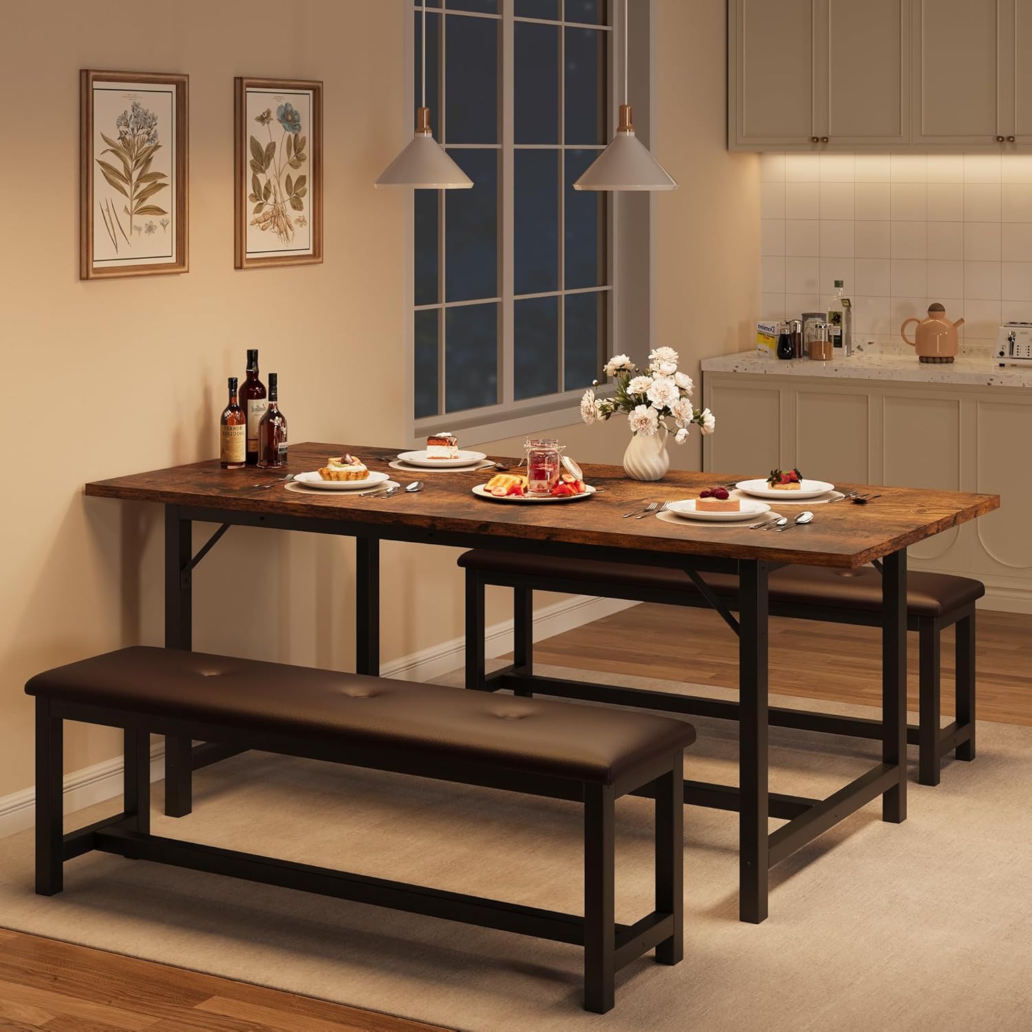 IDEALHOUSE 3 Piece Dining Table Set for 4-6, 63" Extendable Thick Metal Frame Kitchen Table with 2 Upholstered Benches Set for 6, Rectangle Wooden Dinette Table Set for Dining, Apartment, Retro Brown