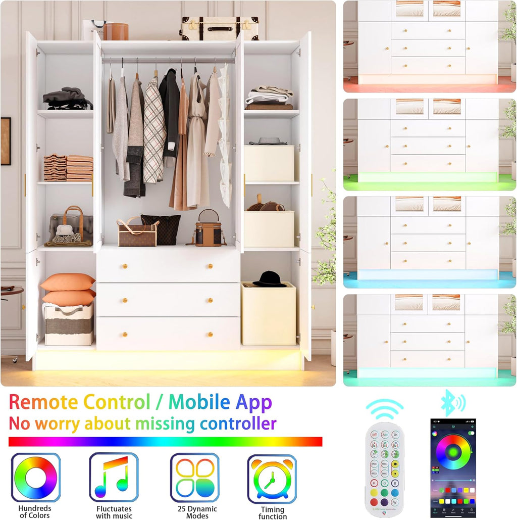4 Doors LED Armoire Wardrobe Closet with Mirror, 75" Tall Modern Wooden Wardrobe Closet with 3 Drawers, Freestanding Clothing Storage Cabinet with Hanging Rod, Adjustable Shelves, White