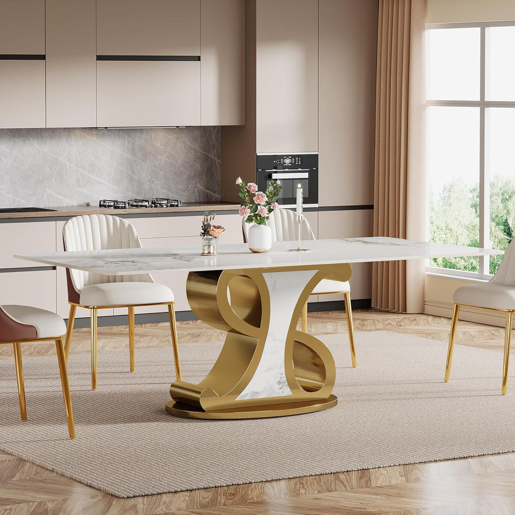 Tribesigns 78.74" Sintered Stone Dining Table for 8-10, Modern Luxury White & Gold Kitchen Table with Natural Tan Veining Tabletop & Stainless Steel Pedestal (Only Table)
