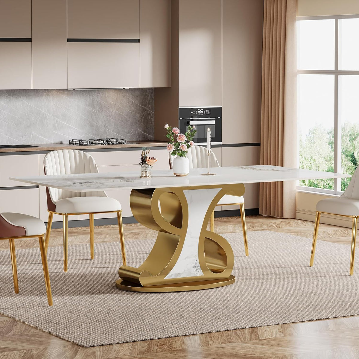 Tribesigns 78.74" Sintered Stone Dining Table for 8-10, Modern Luxury White & Gold Kitchen Table with Natural Tan Veining Tabletop & Stainless Steel Pedestal (Only Table)