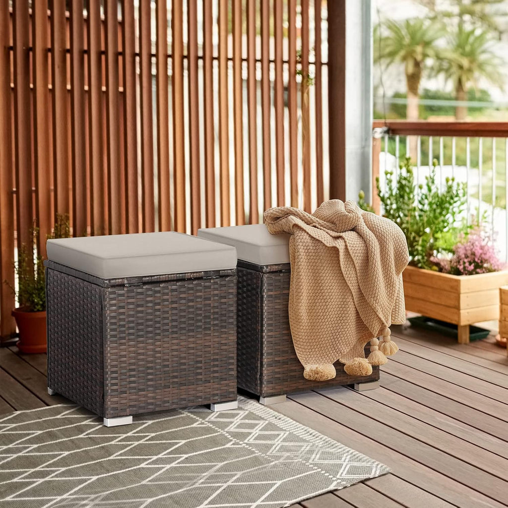 RELAX4LIFE Wicker Outdoor Storage Ottoman, 2-Piece Rattan Footstool w/Removable Cushion, Multipurpose Footrest Stool Side Table Additional Seating, Set of 2 Outdoor Ottomans for Patio Deck (Beige)