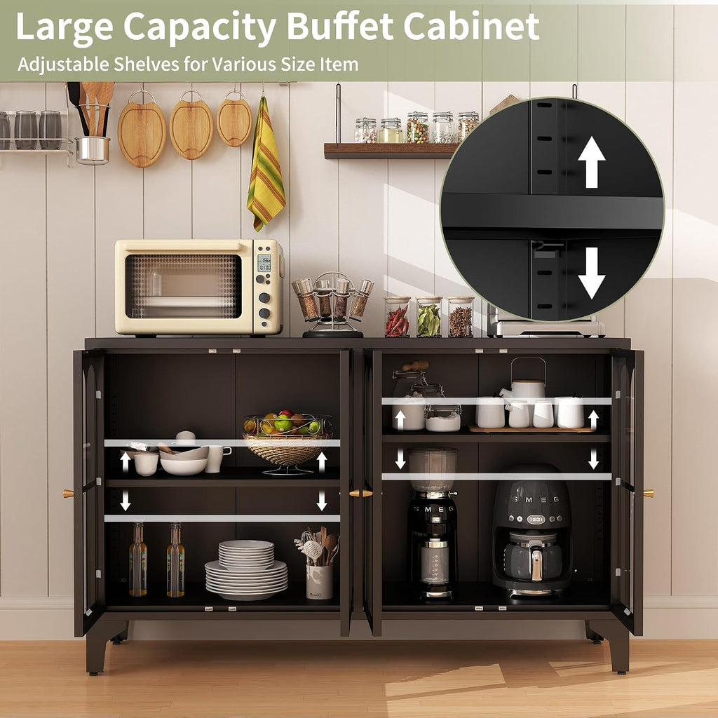 Foreate Sideboard Buffet Cabinet with Glass Door & LED Light, 53.2" Large Buffet Cabinet with Storage & Adjustable Shelf, Farmhouse Sideboard Credenzas Metal Kitchen Buffet, Black