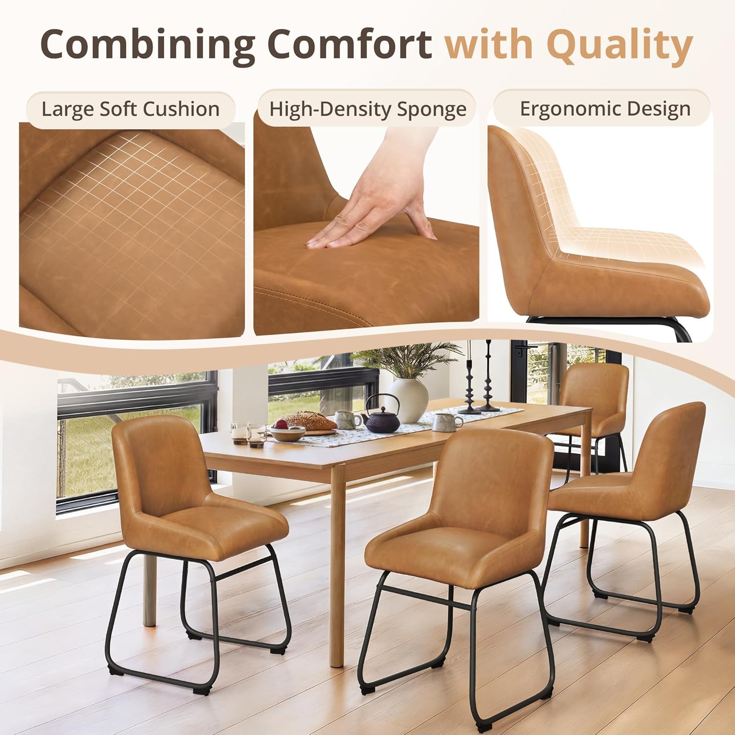 LUE BONA Comfortable Dining Room Chairs Set of 4, Modern Upholstered Kitchen Chairs with Padded Back & Thick Metal Legs, Brown PU Leather