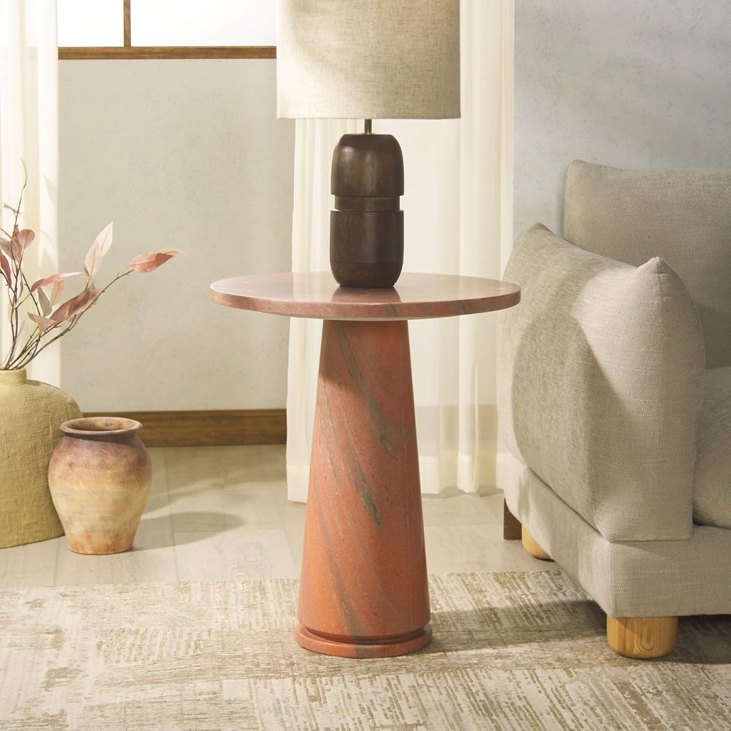 SAFAVIEH Furniture - Valentia Tall Marble Accent Table - Coral - Marble Top - Glam Stone Pedestal Design - Ideal for Living Room, Entryway, Dining Room, 20.5" W x 20.5" D x 23.5" H (SFV9703H)