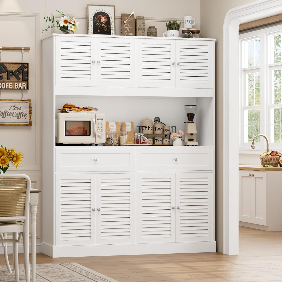 HIFIT 71“HX55“W Large Pantry Cabinet for Food Storage, Farmhouse Kitchen Hutch with Storage Drawers, Tall Kitchen Pantry Cabinet with Microwave Stand for Dining Living Room, White