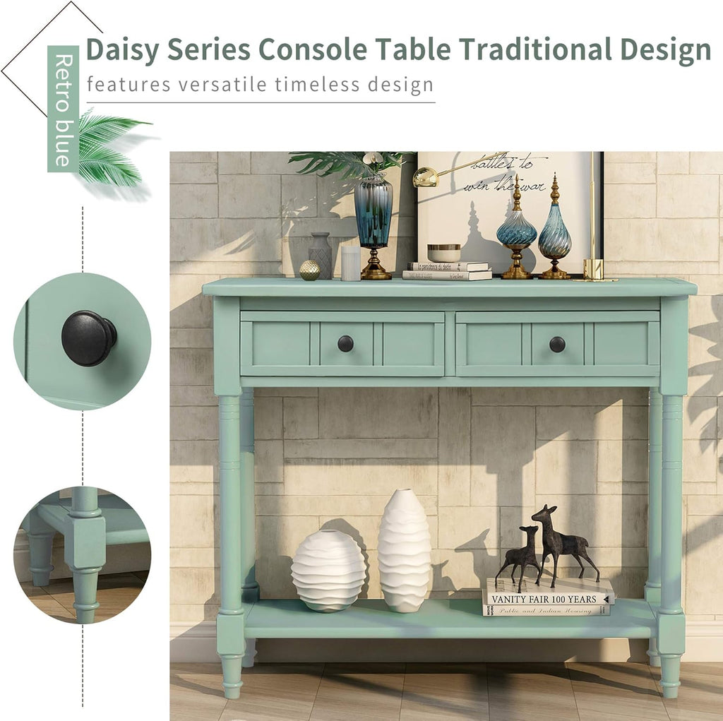 Knocbel Antique Entry Console Table with Drawers & Bottom Open Shelf, Wood Sofa Tables for Entryway Hallway Living Room, 35.43" W x 13.8" D x 30.25" H, Retro Blue