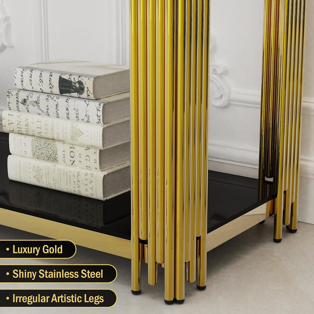 Gold Console Table with Tempered Glass for Entryway Living Room, Modern Luxury Stainless Steel Sofa Side Table Narrow Porch Hallway Tables (Black, 47inch)