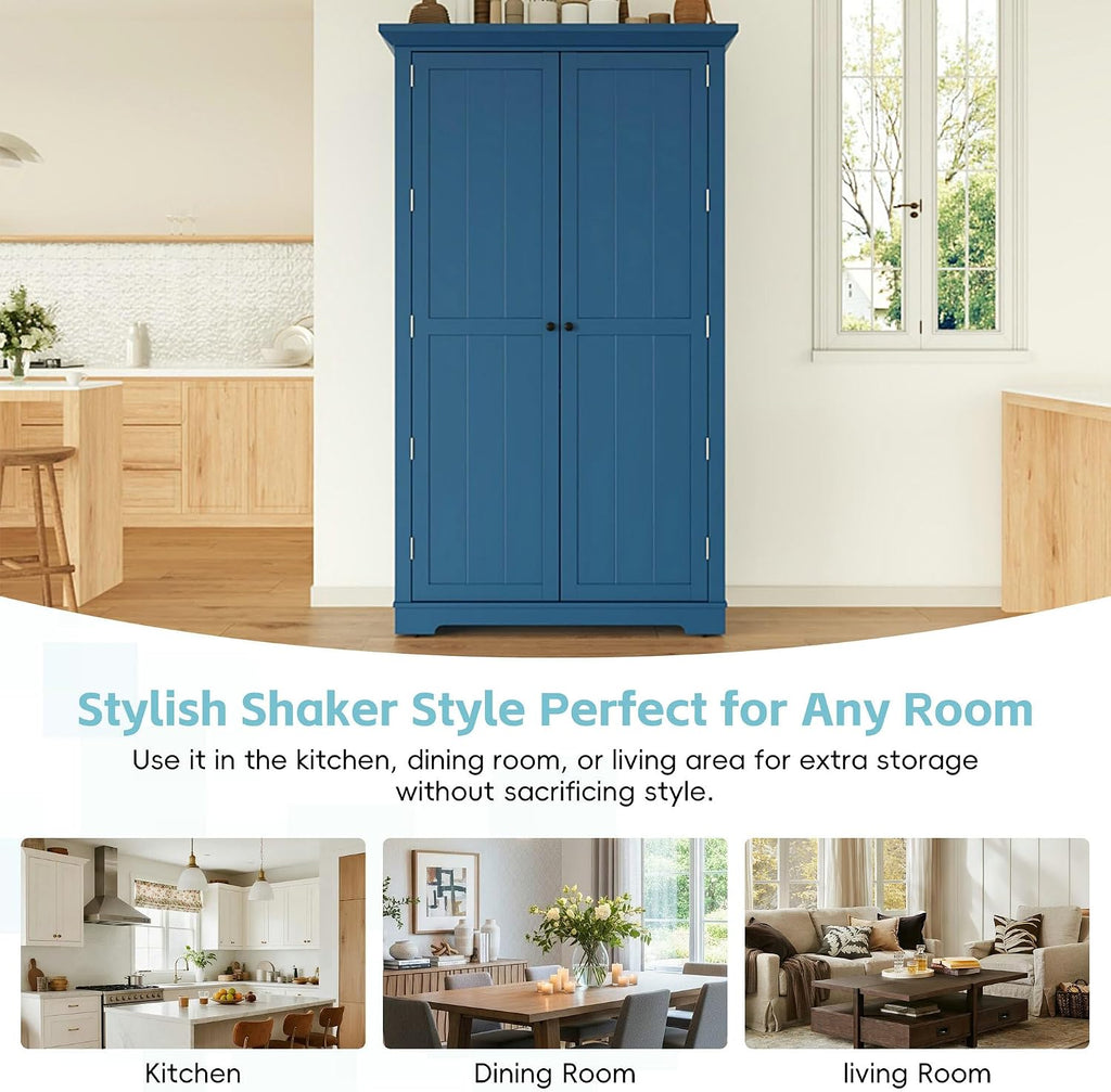 LUMISOL Kitchen Pantry with Drawers, 72" Tall Freestanding Cupboard Storage Cabinets with Door Shelves & Pull-Out Trays, Dining Storage Cabinet Cupboard with Adjustable Shelves, for Dining Room, Blue