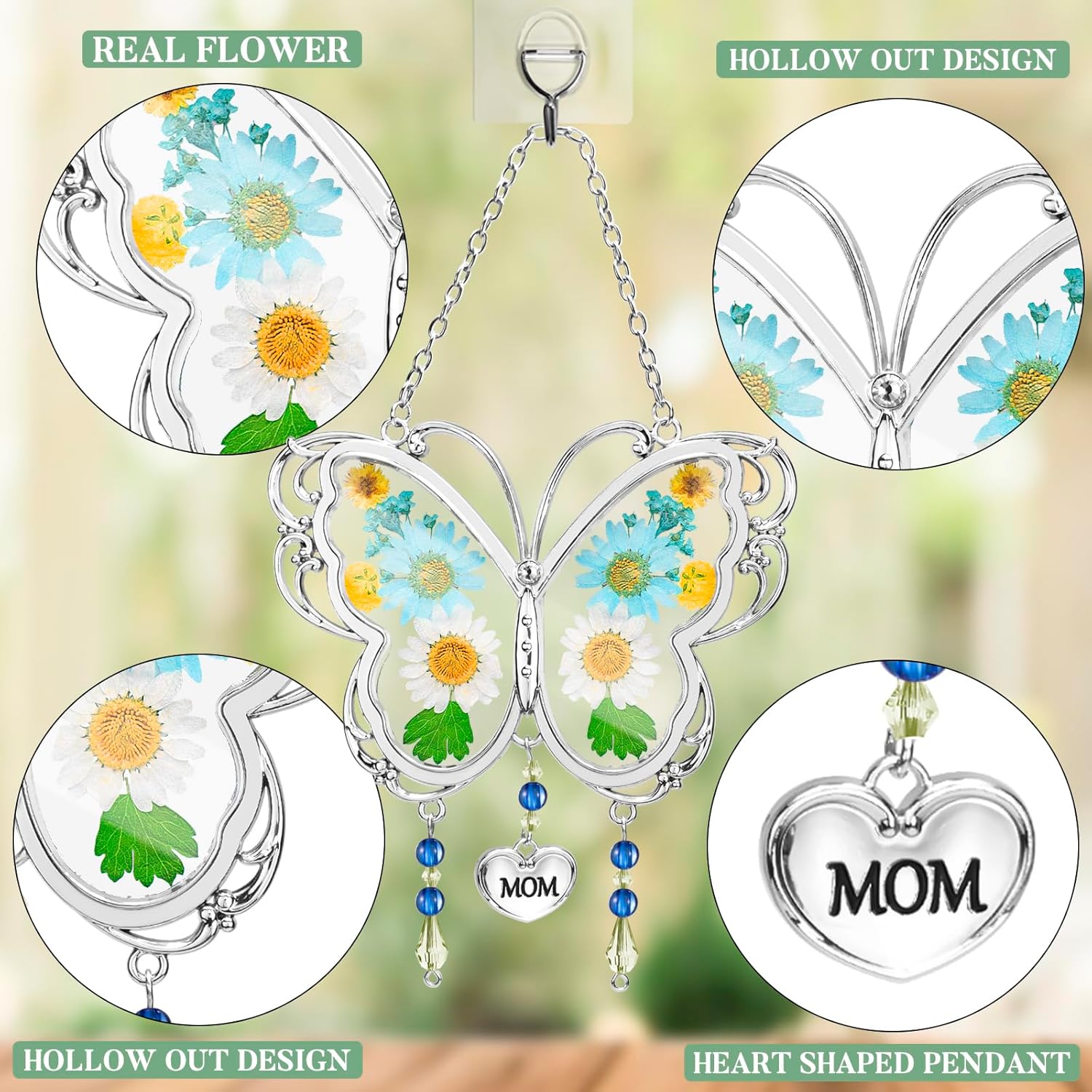 LARAINE Butterfly Suncatcher with Pressed Flower Wings Mom Mother's Day Butterfly Glass Wind Chime Ornament Charm with Metal Heart Gifts for Mom Grandma Aunt Birthday (Grandma, Blue)