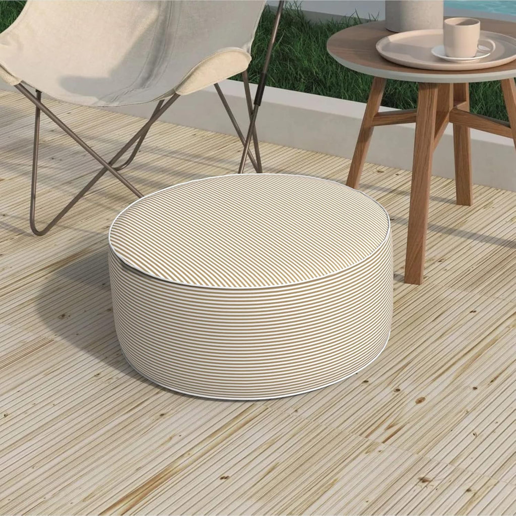 Inflatable Stool Ottoman, Footrest Ottoman with Handle, Outdoor or Indoor Round Portable Stool for Patio Home Decoration, 21x9 Inch, Stripe Beige