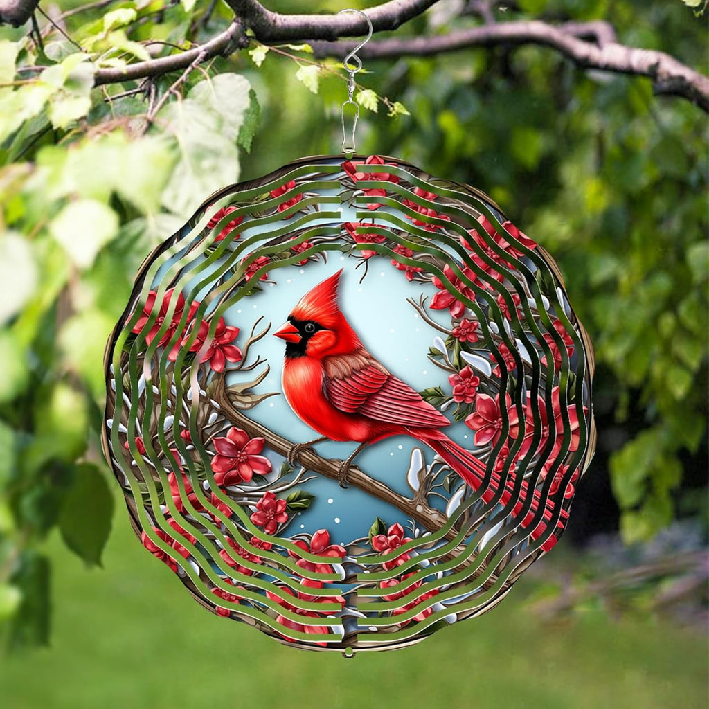 3D Red Cardinal Wind Spinner 10 Inch Stainless Steel Bird Wind Sculpture Kinetic Art Hanging Ornament for Outdoor Garden, Yard, Patio, and Home Decoration Christmas Decor
