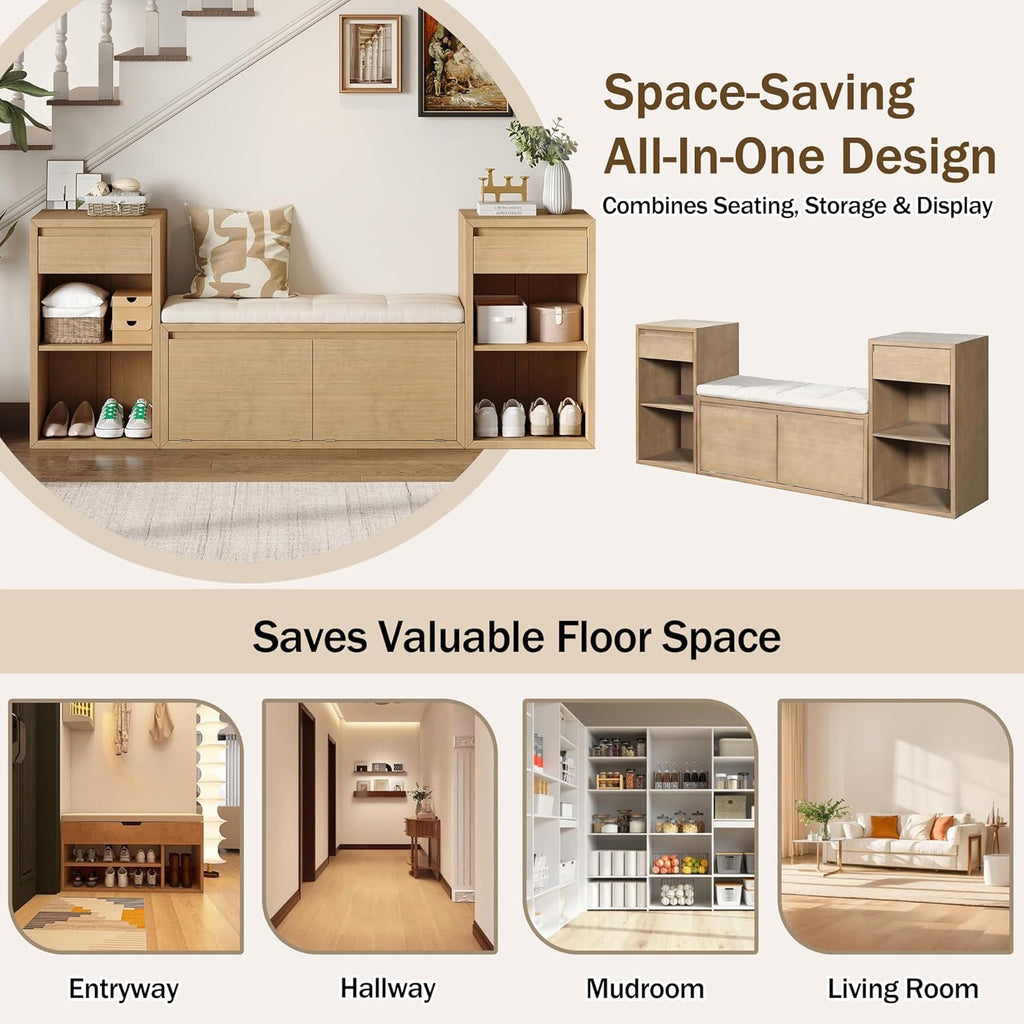 Entryway Bench with Shoe Storage, Solid Wood Shoe Bench with Cushion and Drawers, Open Shelves, Storage Bench for Entry Way, Living Room, Hallway, Natural Wood